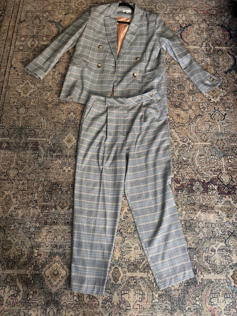 Topshop Gray Plaid Double-Breasted Blazer with Matching Trousers